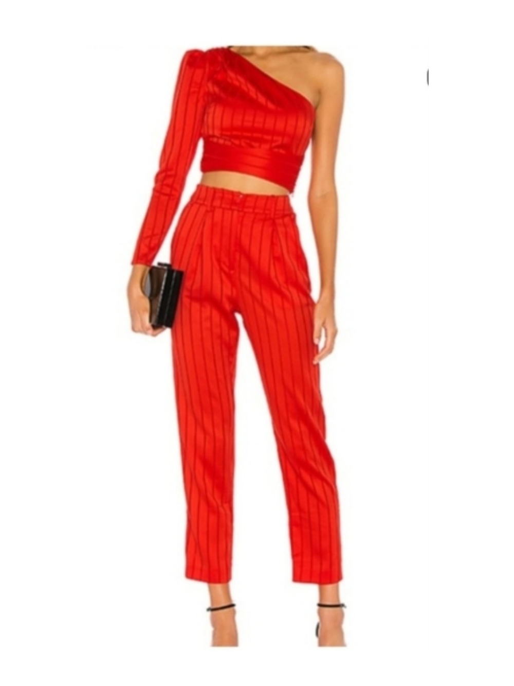NBD Desma COORD SET Red One-Shoulder Crop Top & High-Waist Pinstripe Pants